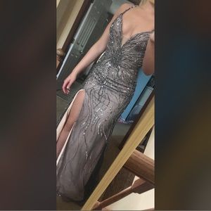 Jovani Gunmetal Beaded Gown